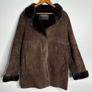 VTG WILSONS LEATHER Brown Genuine Suede Shearling Coat Faux Fur Lining Sz Lg Y2K